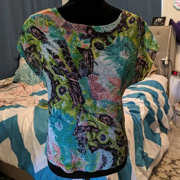 Vintage 90's Alberto Makali Artsy Mixed Media Women's Blouse - Picture 1 of 6